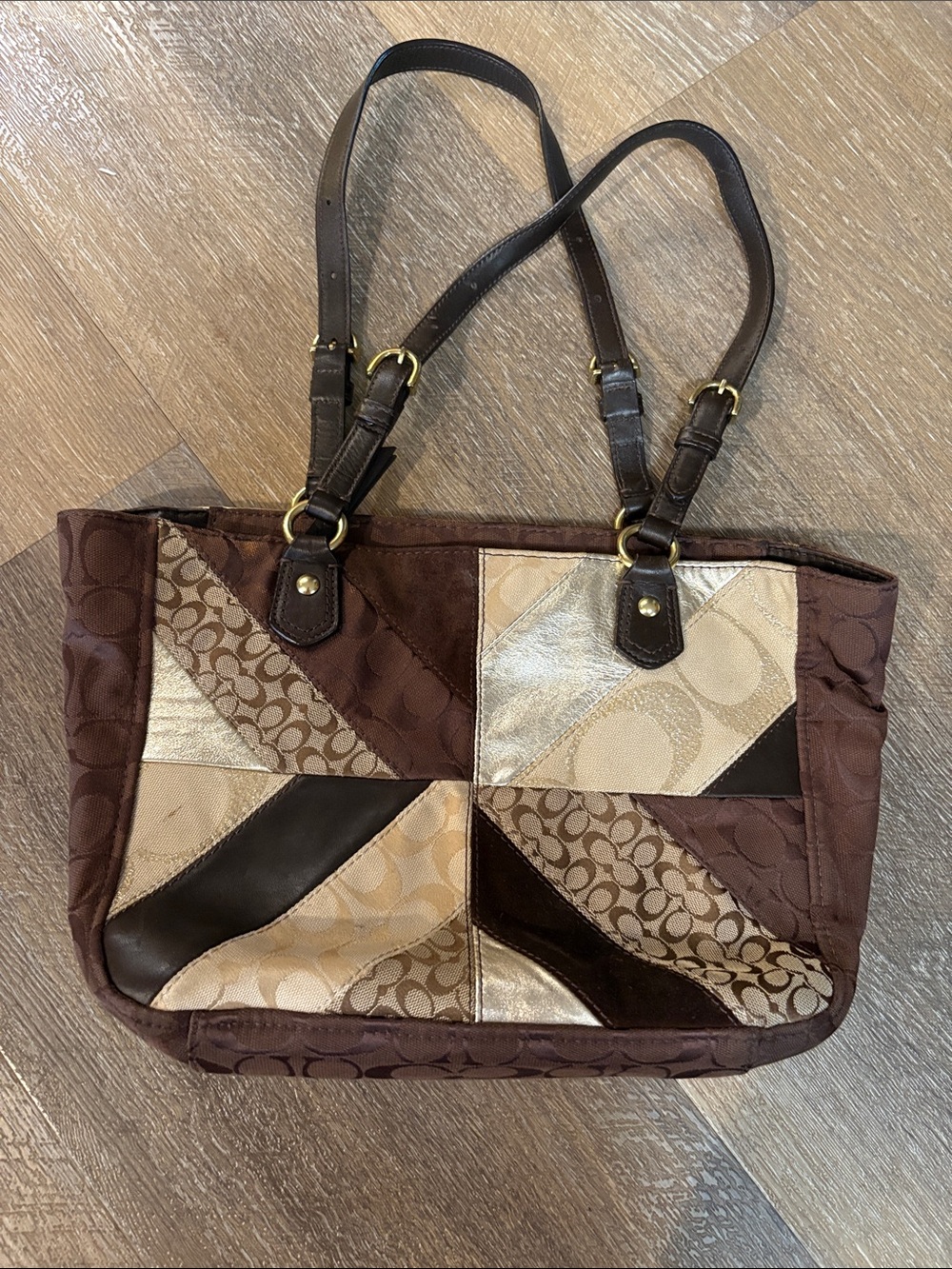Coach Patchwork Signature Tote in Brown, Tan & Gold